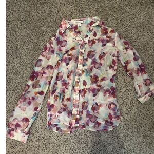 Coldwater Creek XS Top Blouse Floral Collar Button Down Blouse Cotton Silk Blend